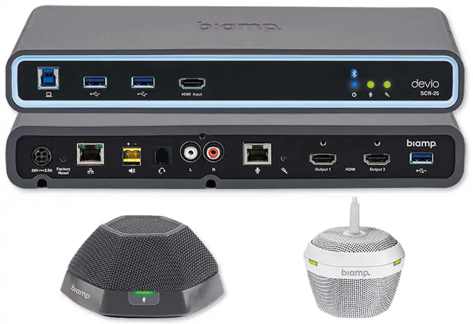biamp-devio-scr-25-4k-conferencing-hub-with-ceiling-tabletop-microphone