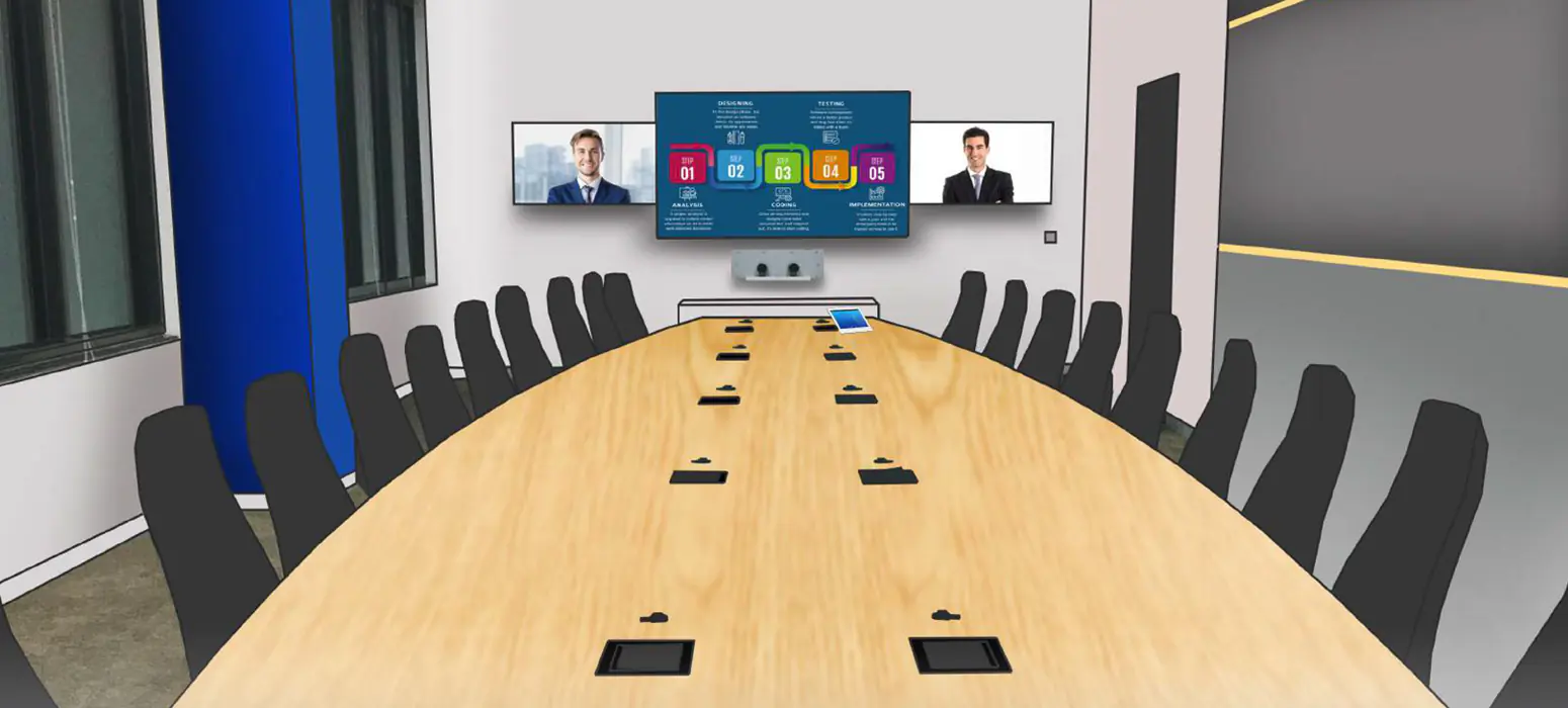 20-seater Boardroom: Triple screen system allows for VC calls to multiple locations